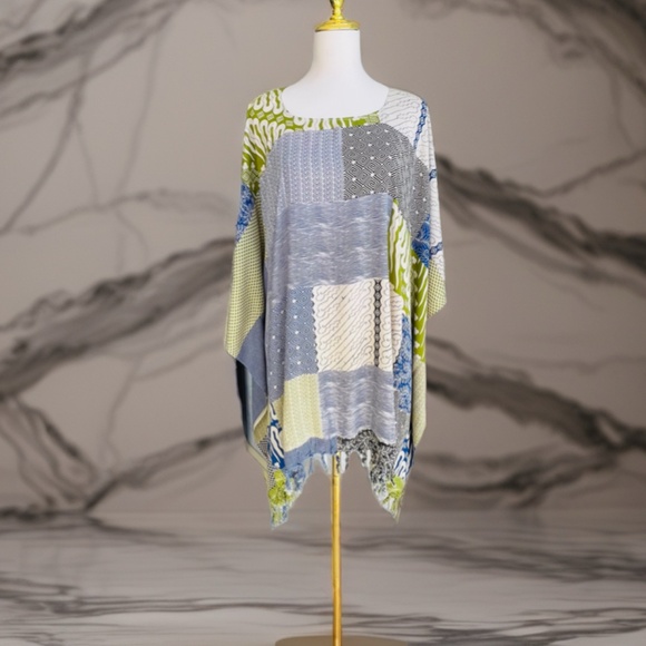 0025/ Green Blue Color Poncho with fringed, Batik Poncho - Picture 2 of 10